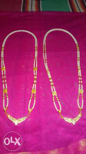 Two White-and-gold Beaded Pendant Chain Link Necklacces
