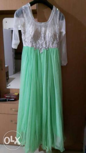 White And Green Long Sleeve Illusion Neckline Gown