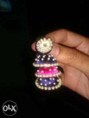White Pearl And Blue, Purple, And Pink Jhumka Earrings