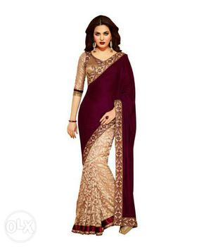 Women's Brown And Maroon Sari Dress