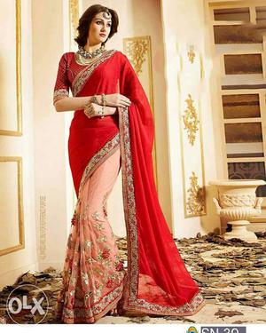Women's Red And Beige Floral Print Sari