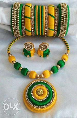 Yellow And Green Bangles, Necklace And Pair Of Earrings