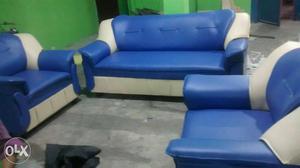 Blue And White Leather 3-seat Living Room Set