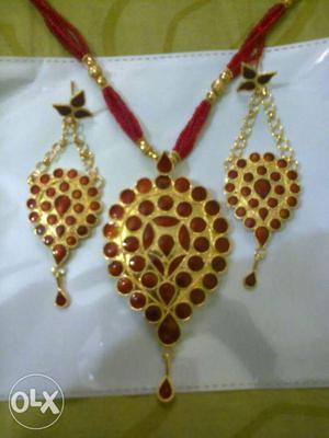 Gold And Ruby Pendant Necklace With Matching Earrings