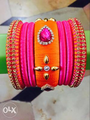 Hand made orange and pink silk thread bangles(new)