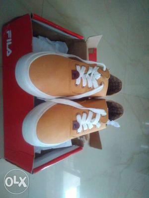 Pair Of White-and-brown FILA Low Top Sneakers With Box