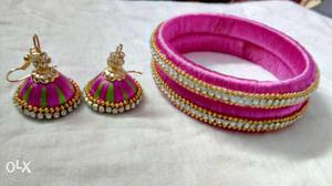 Pink Jhumka Earrings And Thread Bangle