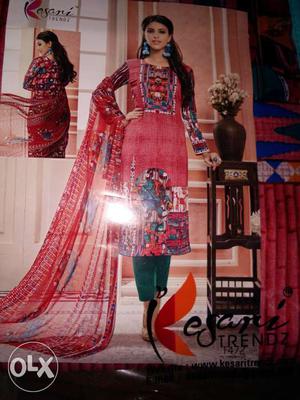 Printed cotton dress material with shiffon