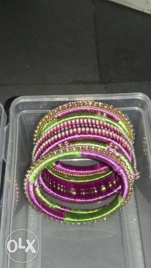 Purple-and-green Thread Bangle Bracelets