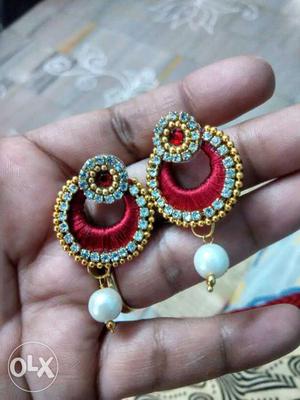 Red Yellow And White Thread Pendant Earrings