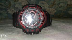 Round Black And Red Chronograph Watch With Link Strap