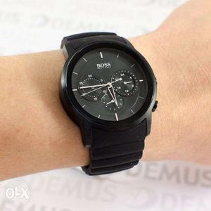 Round Black Boss Chronograph Watch With Link Bracelet