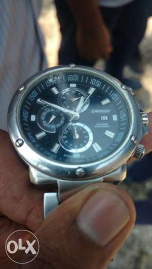 Round Silver Chronograph Watch With Silver Link Strap