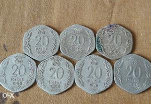 Seven Silver 20 Indian Paise Coins