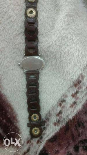 Silver Watch With Brown Leather Strip