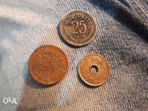 Two 25 Indian Paise Coin And Copper Round Coin With Hole