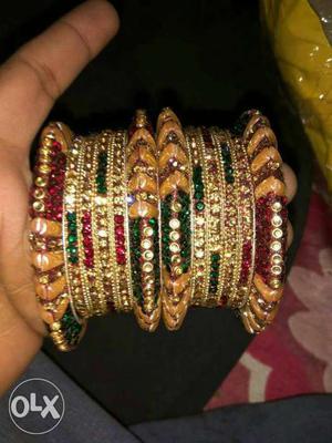 Two Beige-red-green Silk Thread Bangles