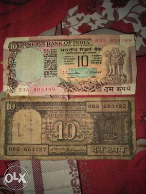Two Pieces Of 10 India Rupee Bills