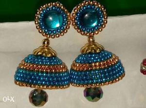 Women's Blue And Beige Bell Earrings