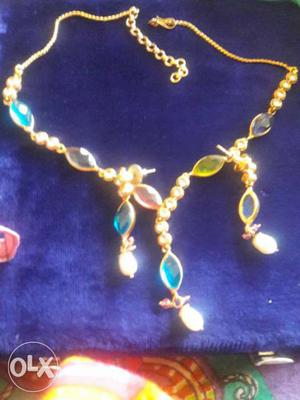 Women's Gold And Blue Beaded Necklace