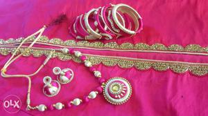 Women's Pink And Gold-colored Necklace And Jumpka Earring