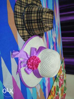 Black And Beige Plaid Bucket Hat And White Sun Hat