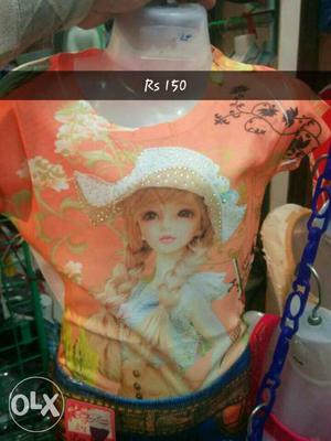 Orange Girl With Hat Print Cap Sleeve Shirt