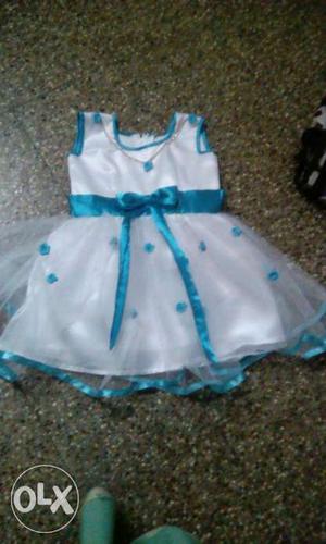 Toddler Girl's White And Blue Sleeveless Dress