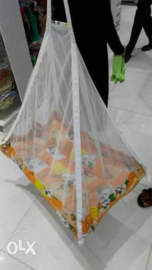 Toddler's White And Orange Canopy Bed