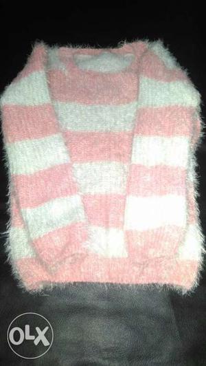 White And Pink Stripe Crochet Sweater