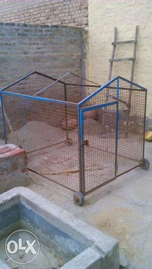 Blue And Brown Metal Pet Cage With 4 Wheels