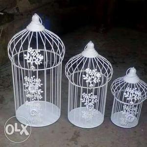 Three White Steel Bird Cages