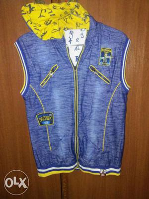 Blue And Yellow Hooded Zip-up Vest