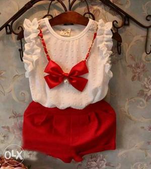 Girl's White And Red Crew Neck Ruffle Sleeveless Top With