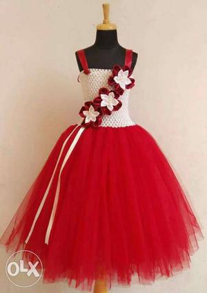 Girl's White And Red Sleeveless Dress