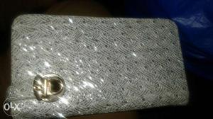 Grey Leather Glittered Long Wallet