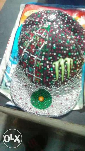Red, Grey, And Green Beaded Monster Cap