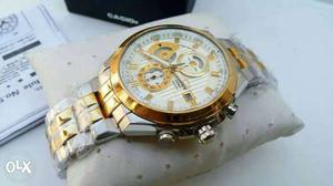 Round Gold And Silver Chronograph Watch With Link Strap