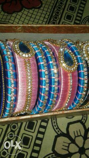 Women's Pink And Blue Sari Bangles