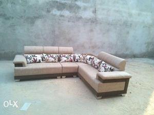 Beige And Brown Fabric Sectional Sofa With Throw Pillows