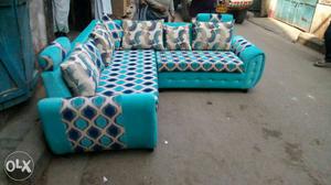 Blue And White Velvet Sectional Couch