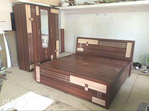 Brown Wooden Bed Frame With Closet