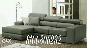 Gray Leather 3-seat Sofa And Ottoman