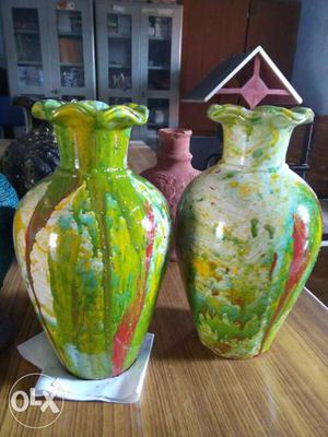 Green-and-white Ceramic Vases
