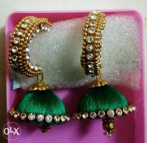 Pair Of Green And Gold Jhumkas