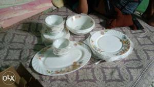 Round Brown And Green Floral Plate, Cup And Bowl Set