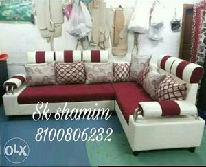 White And Brown Fabric Corner Sofa