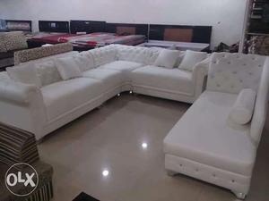 White Fabric Sectional Sofa And White Chaise Lounge