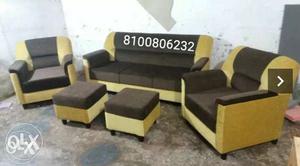 Yellow And Black Fabric Couches And Two Ottoman