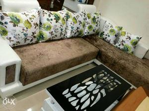 Brown And White Suede Floral Sectional Sofa